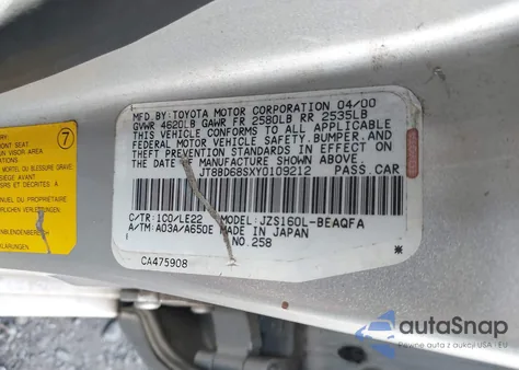 2000 Lexus Gs 300 из США, поврежденный, VIN JT8BD68SXY0109212